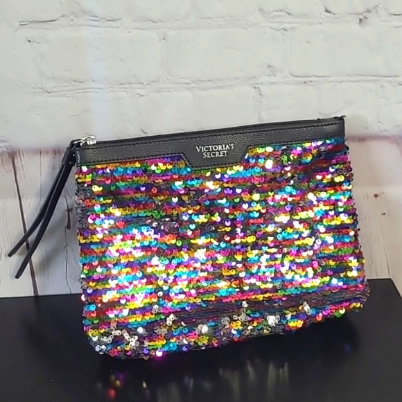 Victoria's Secret Handbags - 2016 Victoria's Secret Faux Leather Rainbow Silver Flip Sequin Makeup Travel Bag